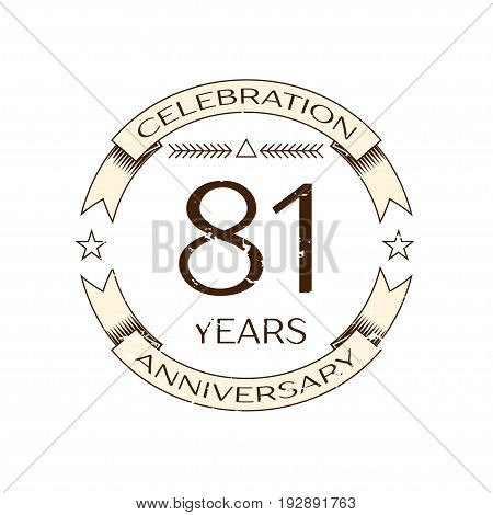 Realistic eighty one years anniversary celebration logo with ring and ribbon on white background. Vector template for your design