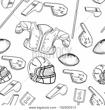 American Football Seamlees pattern with equipment such as helmet, cup, shape, ball, cheerleaders, player, sneakers. Sport background