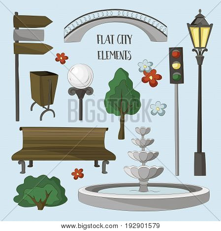 City street urban elements icon set. Lights and outdoor elements for construction of city, park and outdoor landscapes.