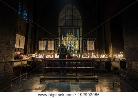 MAASTRICHT NETHERLANDS - JANUARY 13 2016: Interior of Basilica of Our Lady of the Assumption. The oldest church of the Netherlands. Construction started shortly after 1000 AD.