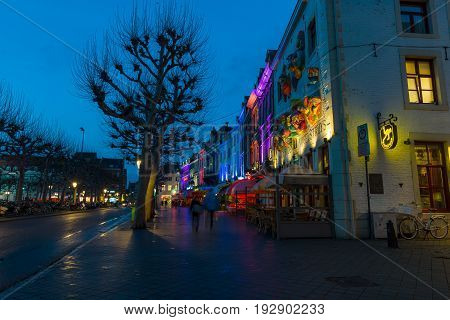 MAASTRICHT NETHERLANDS - JANUARY 13 2016: Evening Maastricht. The historic center Vrijthof. Maastricht is the oldest city of the Netherlands and the capital city of the province of Limburg.