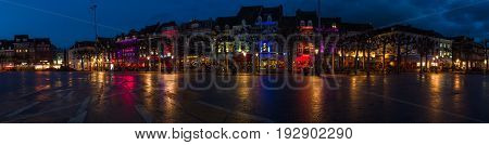 MAASTRICHT NETHERLANDS - JANUARY 13 2016: Evening Maastricht. The historic center Vrijthof. Panoramic view. Maastricht is the oldest city of the Netherlands and the capital city of the province of Limburg.