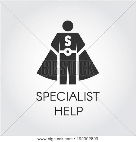 Black icon in flat design symbolizing specialist consultant, personal assistant concept. Vector human label