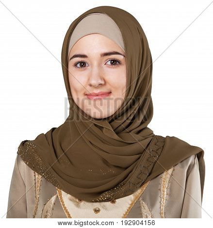 Beautiful woman purdah looking at camera close up white background