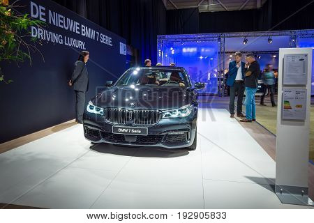 MAASTRICHT NETHERLANDS - JANUARY 14 2016: Full-size luxury car BMW 750i xDrive Sedan. International Exhibition InterClassics & Topmobiel 2016