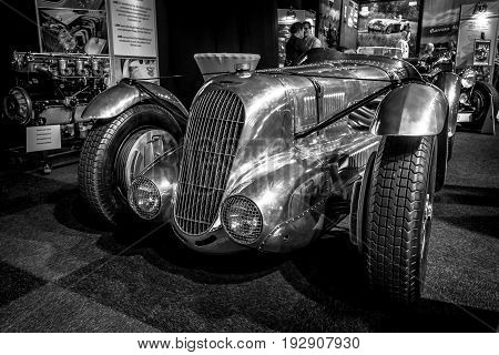MAASTRICHT NETHERLANDS - JANUARY 14 2016: Racing car Lagonda 45 Litre Fox & Nicholl 1938. Black and white. International Exhibition InterClassics & Topmobiel 2016