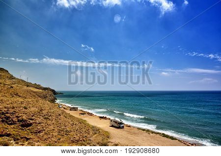 Holiday at the sea in a caravan, free camping on the beach with a motorhome