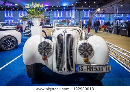 MAASTRICHT NETHERLANDS - JANUARY 14 2016: Racing car BMW 328 1938. International Exhibition InterClassics & Topmobiel 2016