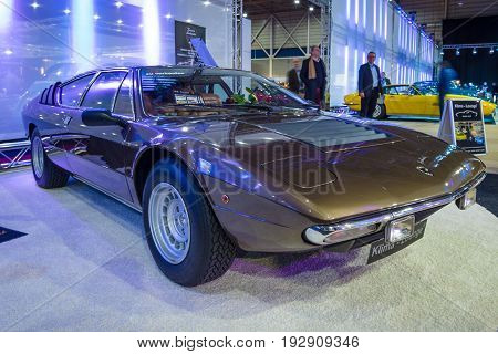 MAASTRICHT NETHERLANDS - JANUARY 14 2016: Sports car Lamborghini Urraco P300 1976. International Exhibition InterClassics & Topmobiel 2016