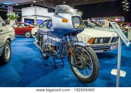 MAASTRICHT NETHERLANDS - JANUARY 14 2016: Motorbike BMW R100RS 1977. International Exhibition InterClassics & Topmobiel 2016