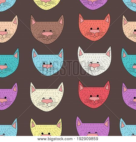 Seamless pattern of cute cartoon smiling cats in different colors. Cat's heads childish background