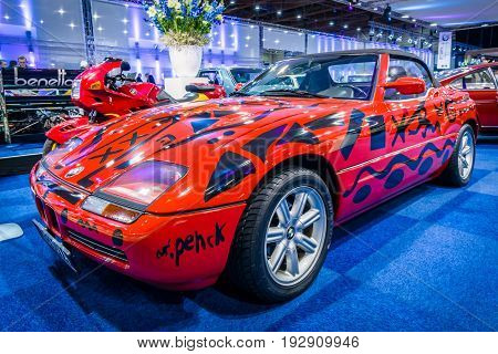 MAASTRICHT NETHERLANDS - JANUARY 14 2016: Compact luxury sports car BMW Z1 1990. International Exhibition InterClassics & Topmobiel 2016