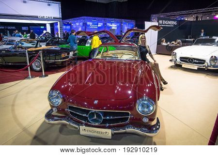 MAASTRICHT NETHERLANDS - JANUARY 14 2016: Sports car Mercedes-Benz 300 SL. Stand of company 