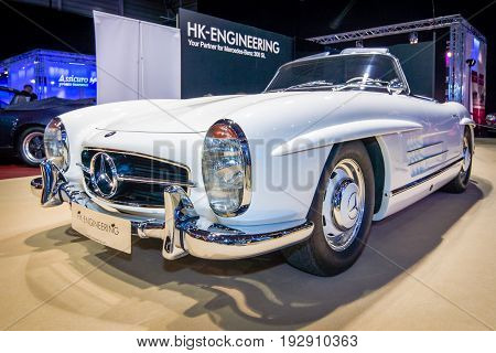MAASTRICHT NETHERLANDS - JANUARY 14 2016: Sports car Mercedes-Benz 300 SL. Stand of company 