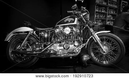 MAASTRICHT NETHERLANDS - JANUARY 14 2016: Motorbike Harley-Davidson Seventy-Two. Black and white. International Exhibition InterClassics & Topmobiel 2016