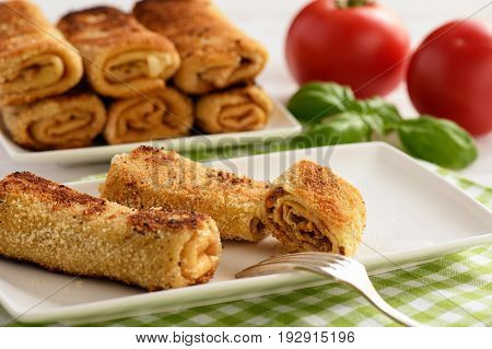 Croquettes polish style pancakes stuffed with beef.