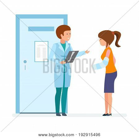 Modern medicine and healthcare system. Radiologist doctor shows the pictures with a fracture to the patient who came to visit. Vector illustration, people in cartoon style.