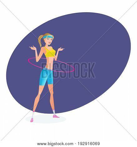 Sport and active lifestyle. Summer fitness girl training. Beautiful girl in summer sportswear, perfects a figure, is engaged with a hoop. Vector illustration, people in cartoon style.