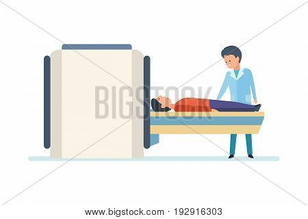 Medical examination, research, study. Doctor preparing patient for MRI scan in hospital. Vector illustration on white background, people in cartoon style.