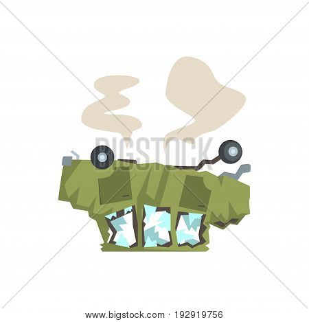 Green car overturned and damaged by accident cartoon vector Illustration isolated on a white background