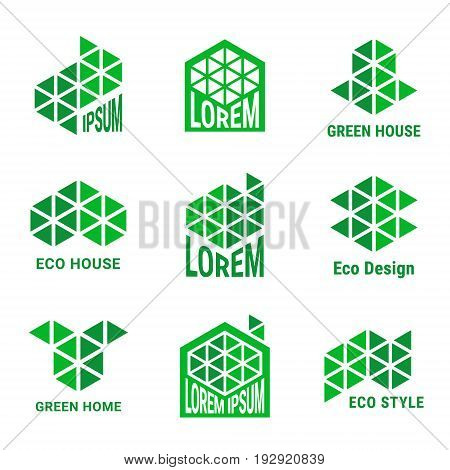 Ecological style logo design for building or construction company. Green emblems made of triangles. EPS 10 vector logotype set. Isolated.
