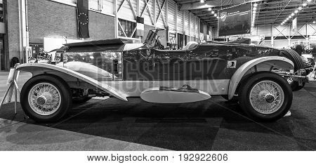 MAASTRICHT NETHERLANDS - JANUARY 14 2016: The luxury car Rolls-Royce Phantom I Boat-tail Tourer 1928. Black and white. International Exhibition InterClassics & Topmobiel 2016