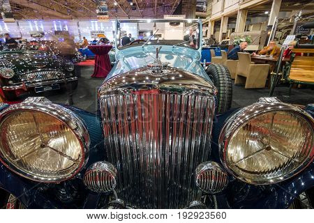 MAASTRICHT NETHERLANDS - JANUARY 14 2016: Detail of retro car Bentley 4 1/4 Litre 1937. International Exhibition InterClassics & Topmobiel 2016