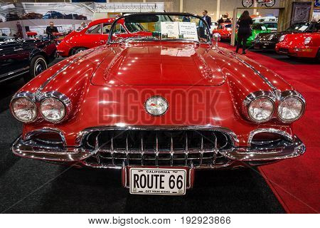 MAASTRICHT NETHERLANDS - JANUARY 14 2016: Sports car Chevrolet Corvette (C1) 1960. International Exhibition InterClassics & Topmobiel 2016