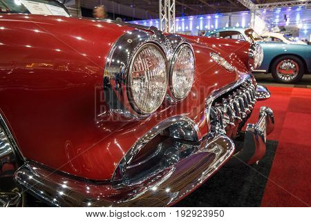 MAASTRICHT NETHERLANDS - JANUARY 14 2016: Detail of a sports car Chevrolet Corvette (C1) 1960. International Exhibition InterClassics & Topmobiel 2016