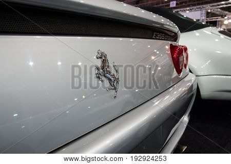 MAASTRICHT NETHERLANDS - JANUARY 14 2016: Detail of sports car Ferrari F355 GTS 1998. International Exhibition InterClassics & Topmobiel 2016