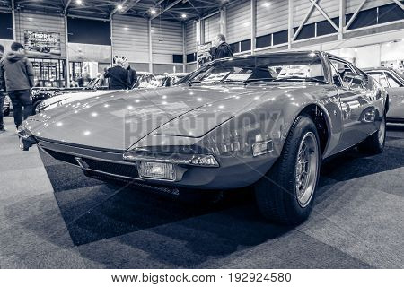MAASTRICHT NETHERLANDS - JANUARY 14 2016: Sports car De Tomaso Pantera. Black and white. International Exhibition InterClassics & Topmobiel 2016
