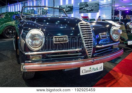 MAASTRICHT NETHERLANDS - JANUARY 14 2016: Sports car Alfa Romeo 6C 2500 SS Pinin Farina Cabriolet 1947. International Exhibition InterClassics & Topmobiel 2016