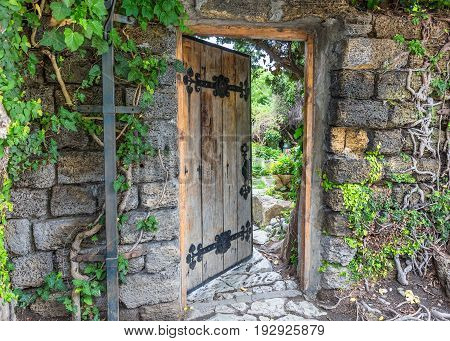 Wooden door decorated with iron forging slightly open. Wall of grungy pumice bricks with climbing plants