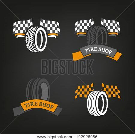 Car tire icons set in dark grey, white and orange colours useful for icon and logotype design on a dark background. Vector illustration in a modern graphic style. Digital pictogram collection.