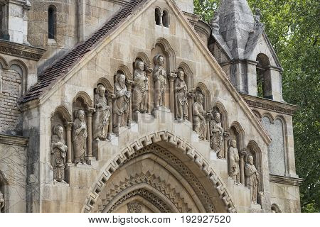 Elements of the castle architecture and the church of the eclectic Vajdahunyad in Budaplast in Hungary