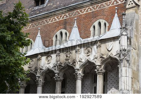 Elements of the castle architecture and the church of the eclectic Vajdahunyad in Budaplast in Hungary