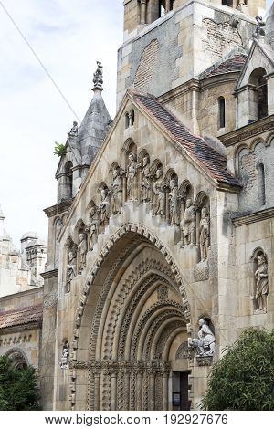 Elements of the castle architecture and the church of the eclectic Vajdahunyad in Budaplast in Hungary