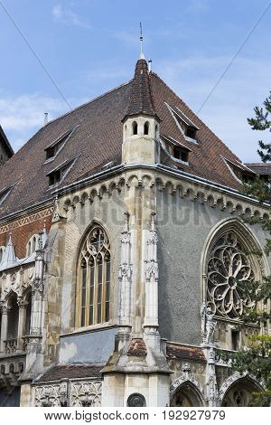 Elements of the castle architecture and the church of the eclectic Vajdahunyad in Budaplast in Hungary