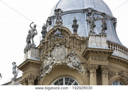 Elements of the castle architecture and the church of the eclectic Vajdahunyad in Budaplast in Hungary