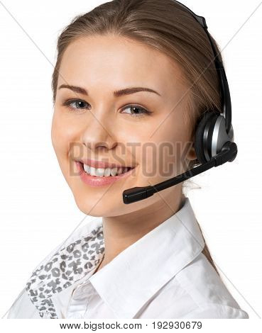 Beautiful business woman headset ear garniture white background