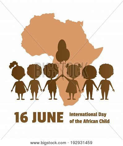 International Day of the African Child.16 June.African children on a background map of the African continent.Silhouettes of children.