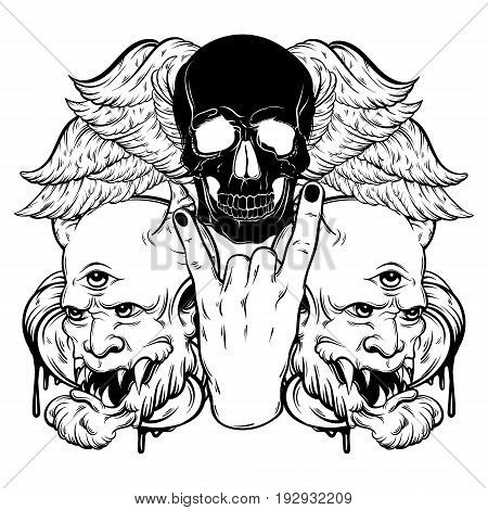 Vector hand drawn illustration of rock hand with human skull with wings and devil. Tattoo artwork. Template for card poster bunner print for t-shirt.