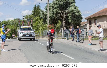Bourgoin-Jallieu France - 07 June 2017: The South African cyclist Louis Meintjes of UAE Team Emirates riding during the time trial stage 4 of Criterium du Dauphine 2017.