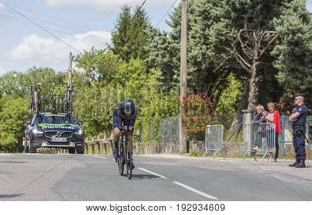 Bourgoin-Jallieu France - 07 June 2017: The Spanish cyclist Jesus Herrada Lopez of Movistar Team riding during the time trial stage 4 of Criterium du Dauphine 2017.