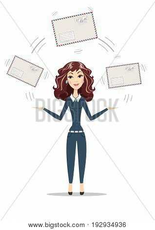 Abstract Businesswoman holding big envelope. Women in business. For use in presentations. Stock flat vector illustration