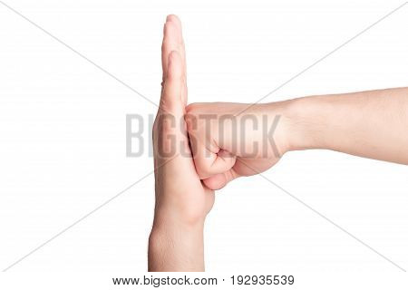 Man fist bumping into another hand isolated on white background