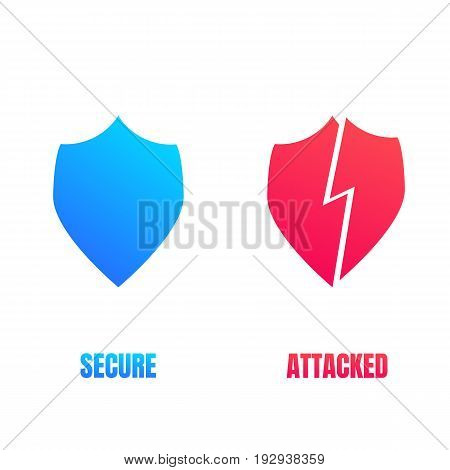 Cyber security shield icons. Computer security signs for secure and cyber attacked workflow