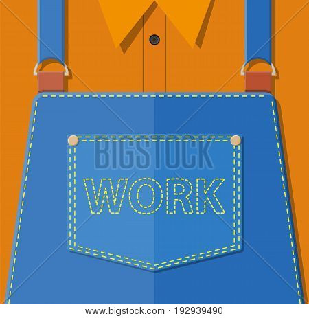 Blue jeans apron with outsets and pocket. Orange shirt. Manual worker clothes. Vector illustration in flat style