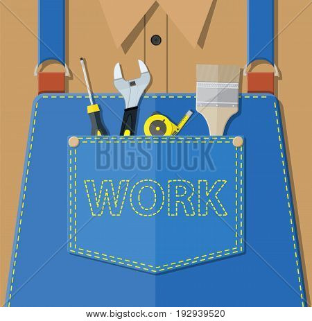 Blue jeans apron with outsets and pocket. Orange shirt. Screwdriver, tape measure, wrench, brush. Manual worker clothes. Vector illustration in flat style