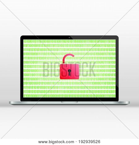Cyber attack. Concept of attacked data on computer. Realistic laptop with binary code on display and lock